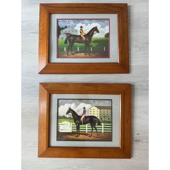 Source Unknown Other - Pair of Vintage Framed Charles Wysocki Jockey Horse Prints Artwork Oak Frame